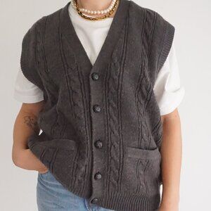 Vintage Towncraft Grey-ish Brown Cable Knit Button Up Cardigan Vest L